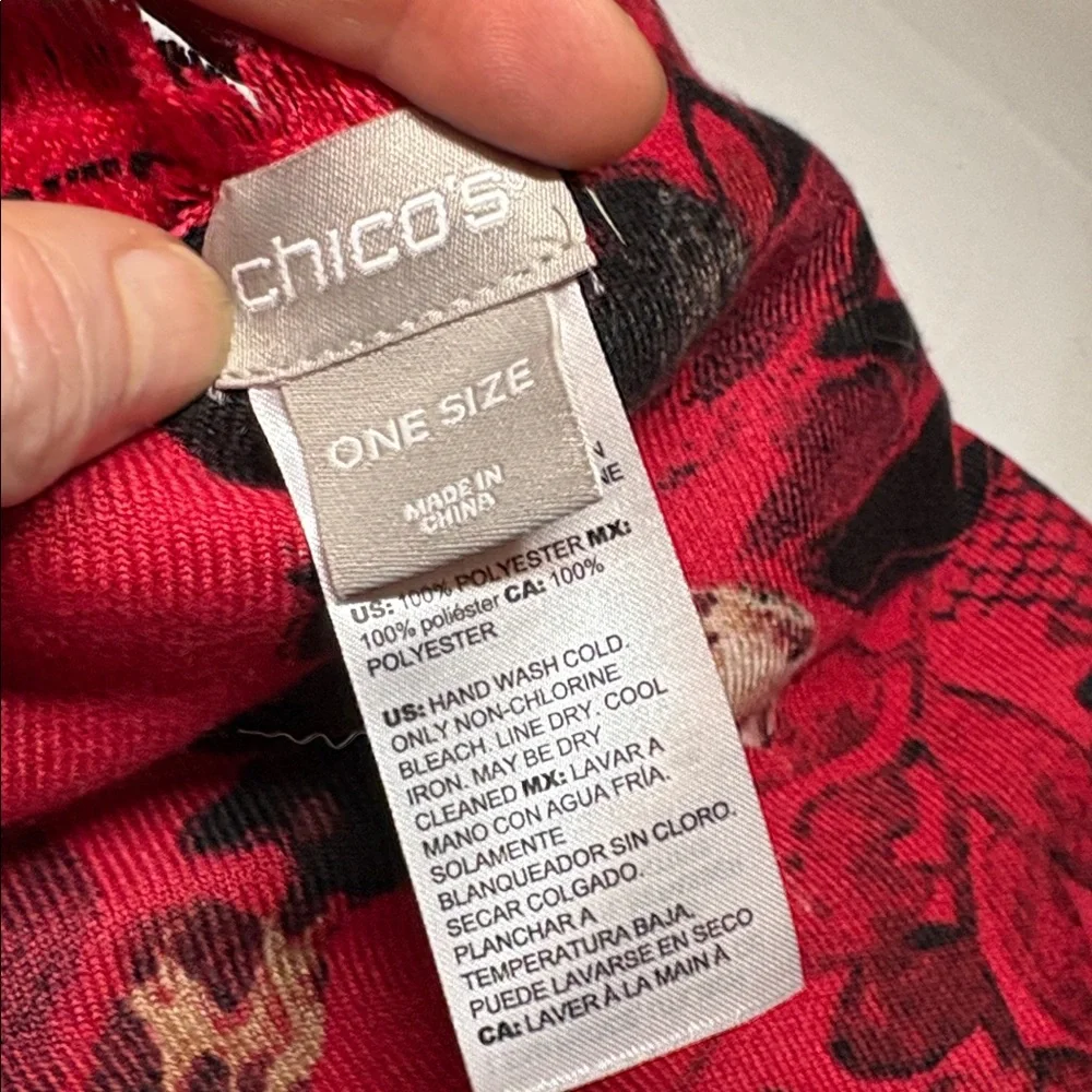 Chico’s Red Floral Poly Large 76”Lx 32”W Wrap